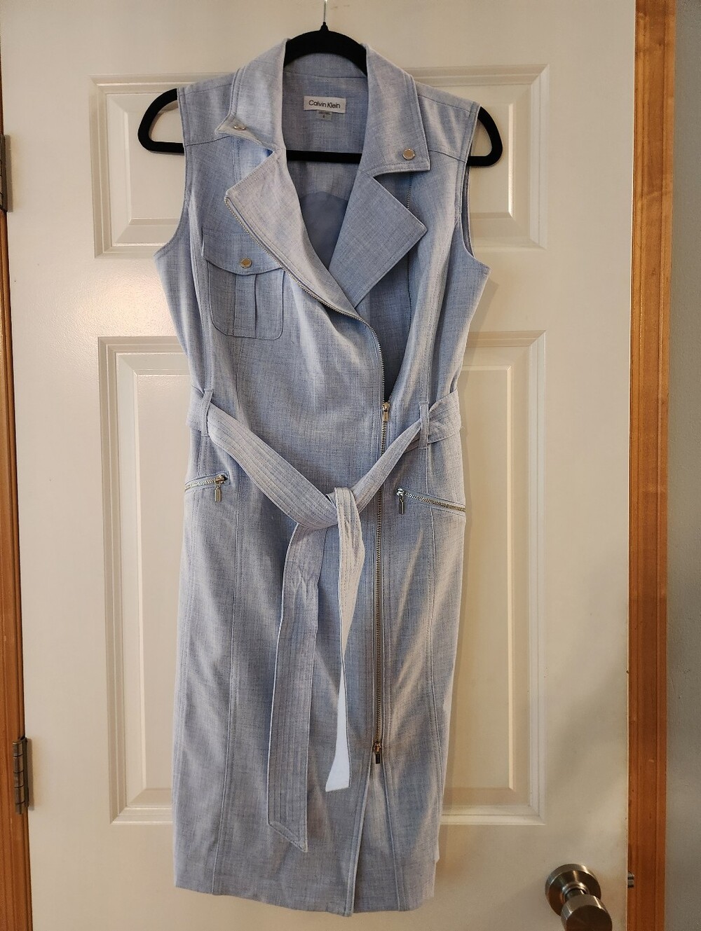 Calvin Klein Pale Blue Sleeveless Belted Midi Dress